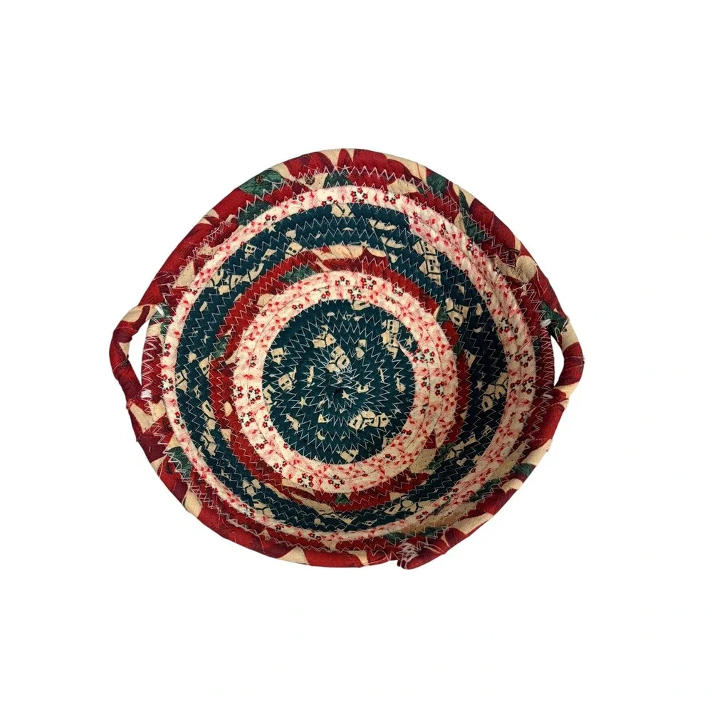 Handmade‎ Coiled Fabric Basket Vintage Americana Red White Blue Folk Art 8 inch